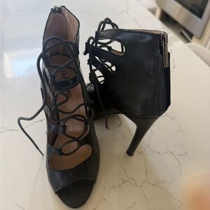BCBG Black Lace-Up Peep Toe Stiletto Heels